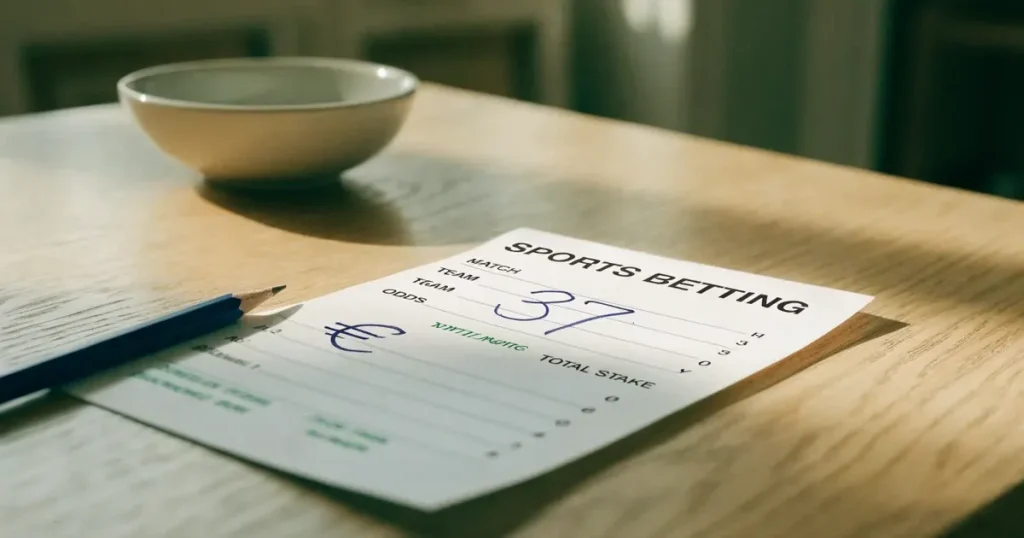 Ein blanker Wettschein aus Papier liegt neben einem Bleistift auf einem hellen Holztisch, daneben eine kleine Schale, ohne erkennbare Schrift.