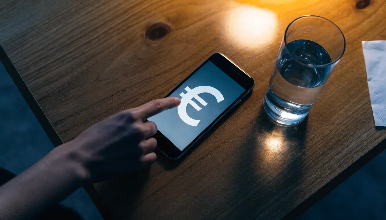 Ein Smartphone liegt mit dem Display nach unten auf einem Holztisch neben einem Glas Wasser, ruhige Abendstimmung in einem Wohnzimmer.