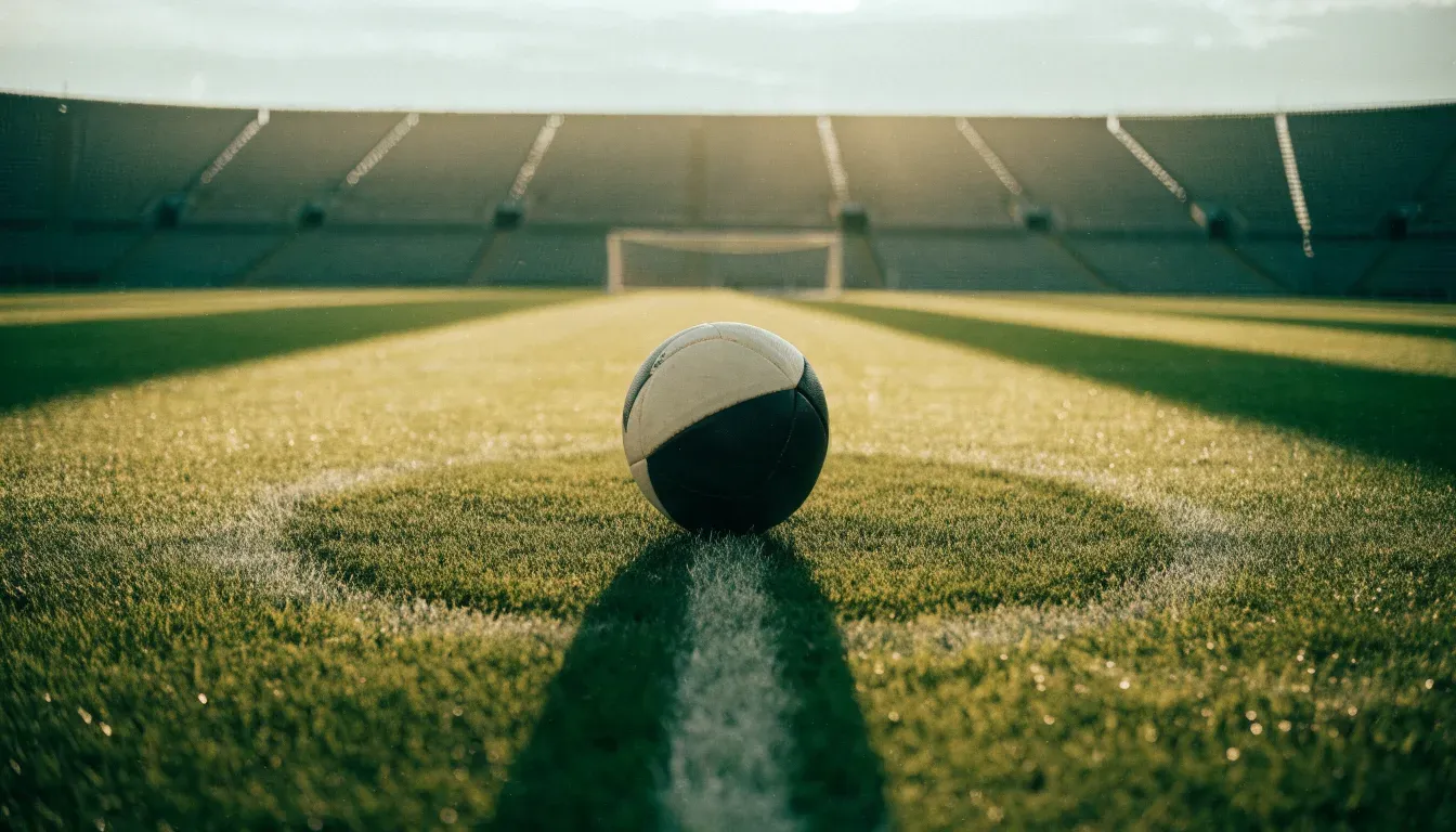 Ein Fußball auf dem Mittelpunkt eines Rasenplatzes, früher Morgen, Tau auf dem Gras, im Hintergrund leere Tribünen.