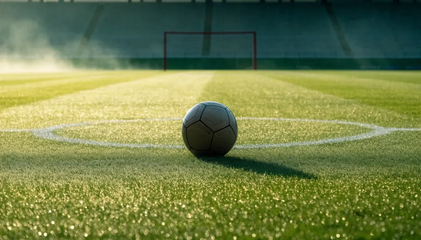 Ein Fußball auf dem Mittelpunkt eines Rasenplatzes, früher Morgen, Tau auf dem Gras, im Hintergrund leere Tribünen.