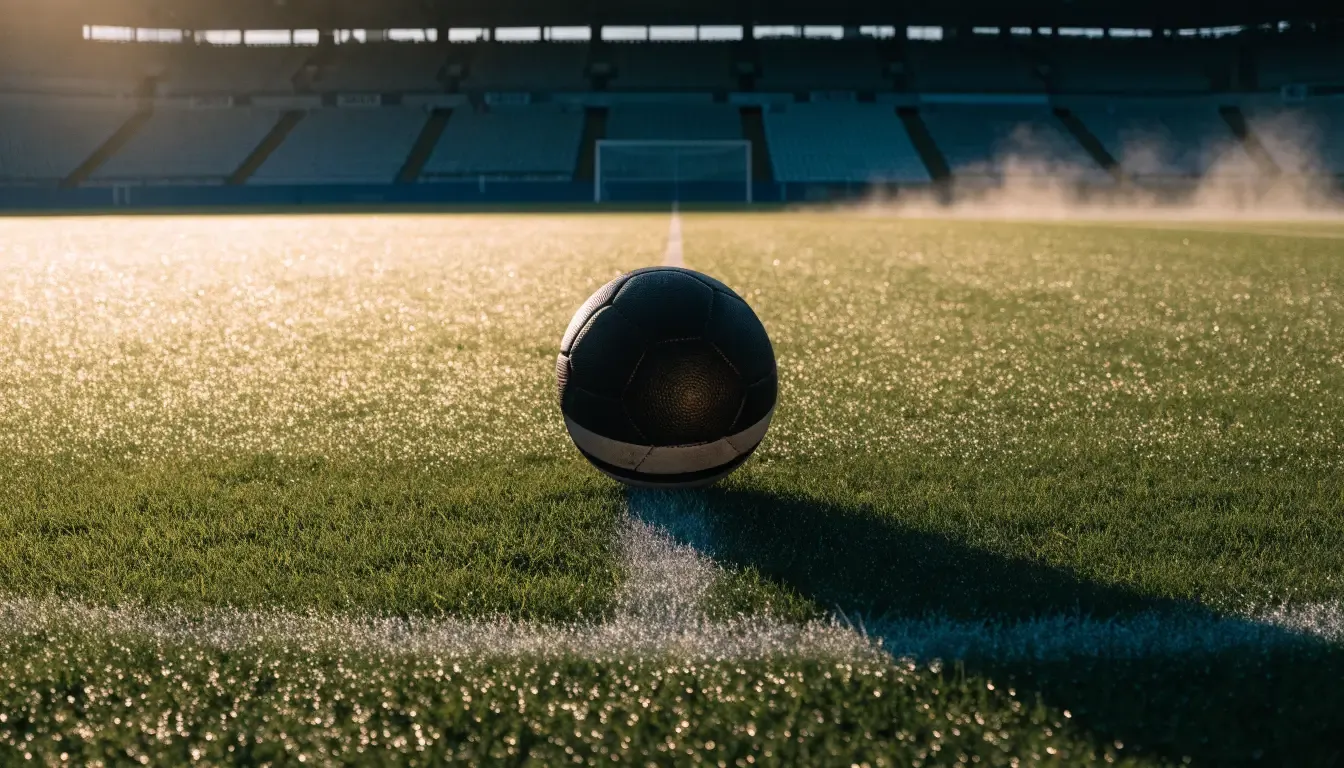 Ein Fußball auf dem Mittelpunkt eines Rasenplatzes, früher Morgen, Tau auf dem Gras, im Hintergrund leere Tribünen.