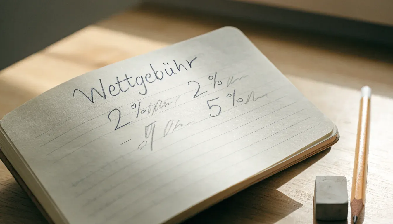 Ein Taschenrechner liegt neben einem Bleistift und einem Radiergummi auf einem hellen Holztisch, Tageslicht fällt von der Seite.