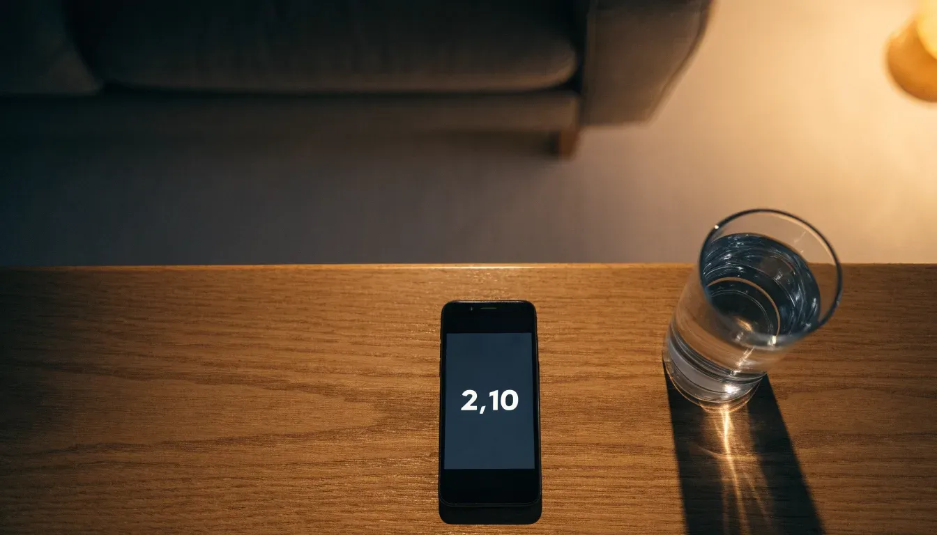 Ein Smartphone liegt mit dem Display nach unten auf einem Holztisch neben einem Glas Wasser, ruhige Abendstimmung in einem Wohnzimmer.