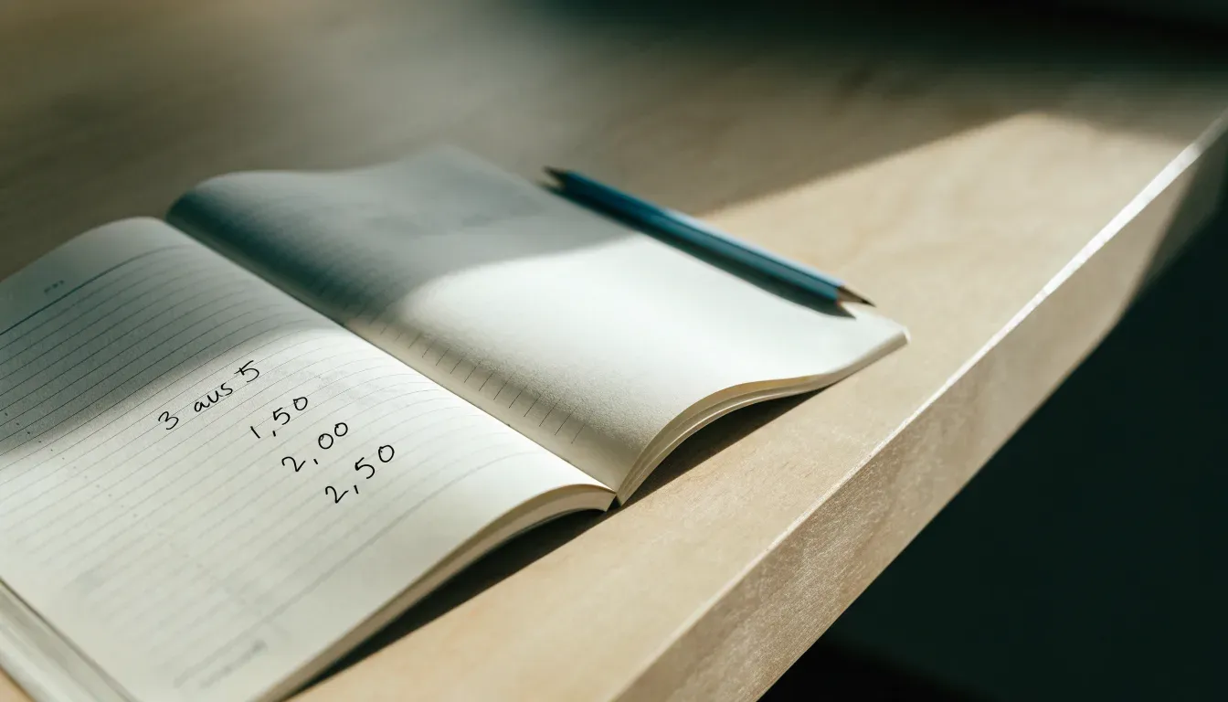 Ein Notizbuch mit handgeschriebenen Zahlenreihen liegt neben einem Taschenrechner und einem Bleistift auf einem hellen Tisch, Tageslicht von der Seite.