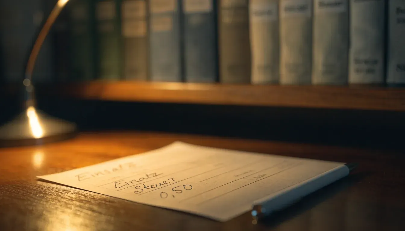 Eine kleine Messingwaage steht auf einem dunklen Holztisch vor einem Bücherregal, warmes Lampenlicht, keine lesbaren Titel.