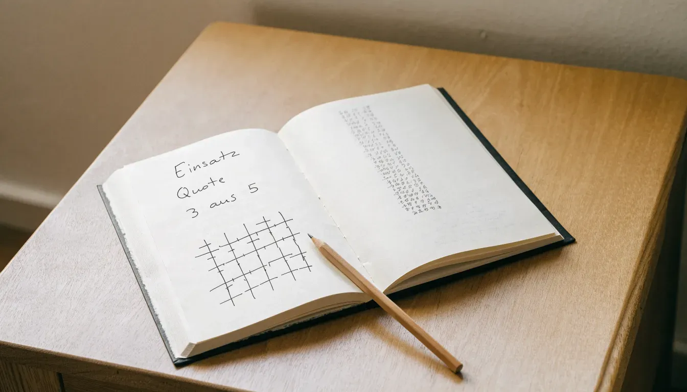 Ein aufgeschlagenes Notizbuch mit handschriftlichen Notizen und einfachen Skizzen liegt neben einem Bleistift auf einem hellen Holztisch.