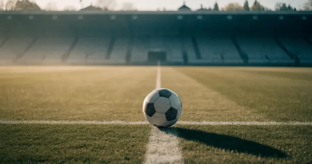 Ein Fußball liegt auf dem Elfmeterpunkt eines leeren Rasenplatzes im Morgenlicht, dahinter eine ruhige Tribüne ohne Zuschauer.