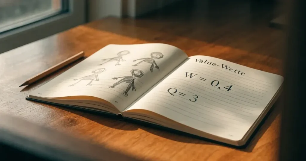 Ein Notizbuch mit handschriftlichen Notizen, einfachen Linien und Zahlenreihen liegt aufgeschlagen neben einem Bleistift auf einem Schreibtisch.