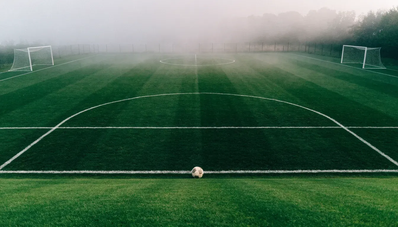 Ein Fußballfeld im Morgennebel aus erhöhter Position gesehen, Mittellinie und Tore sind sichtbar, keine Spieler auf dem Rasen.