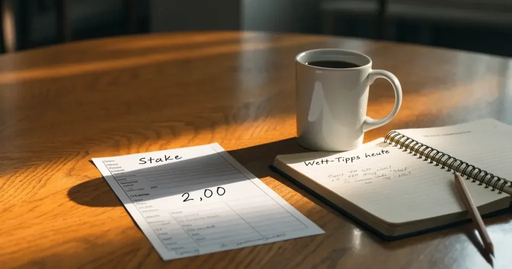 Ein Notizbuch mit handschriftlichen Notizen liegt neben einem Bleistift und einer Tasse Kaffee auf einem Holztisch.