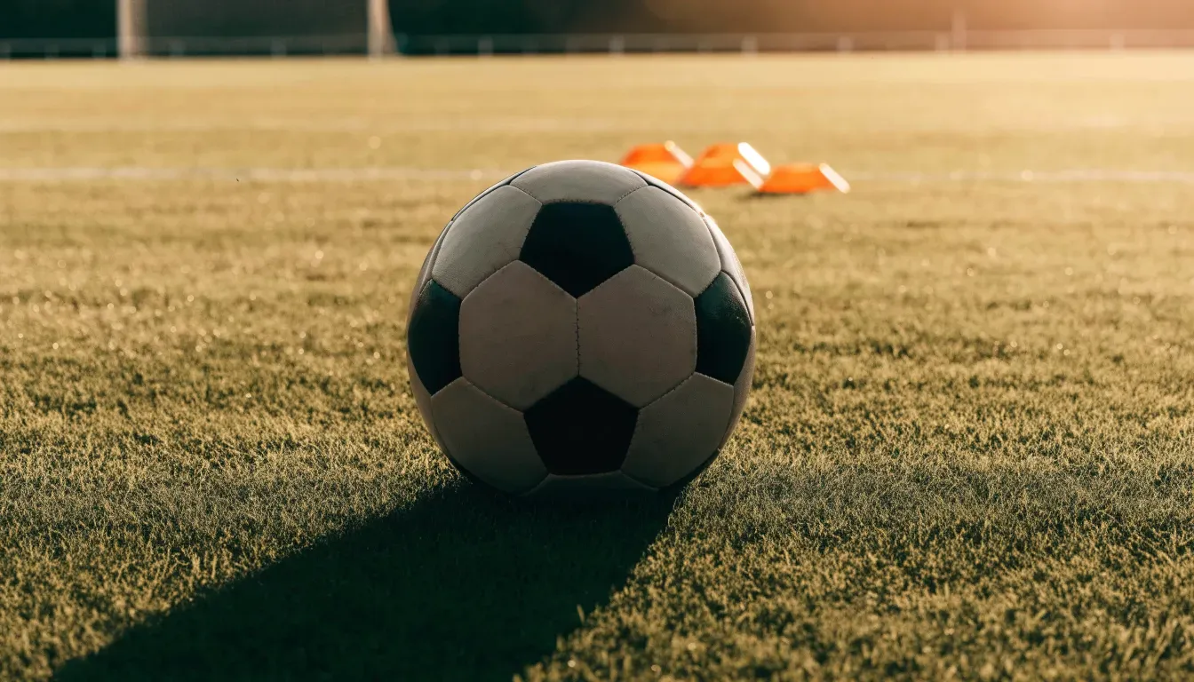 Ein Fußball liegt auf einem Rasenplatz im Abendlicht, am Rand stehen ein paar Hütchen, niemand ist zu sehen.