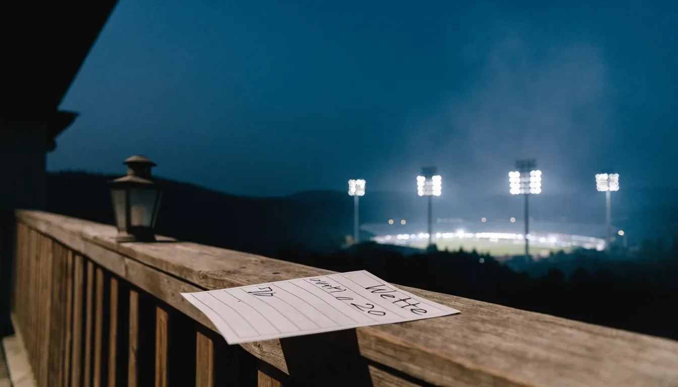 Ein Stadion unter Flutlicht aus großer Entfernung gesehen, darüber ein klarer Nachthimmel und davor dunkle Hügel.