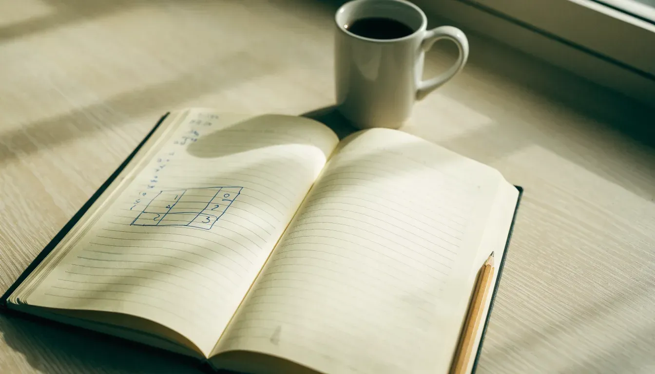 Ein aufgeschlagenes Notizbuch mit handschriftlichen Notizen liegt neben einem Bleistift auf einem hellen Holztisch.