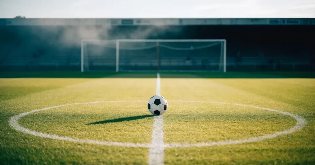 Ein Fußball liegt auf der Mittellinie eines leeren Rasenplatzes, die Kreidelinie verläuft scharf durchs Bild im Morgenlicht.