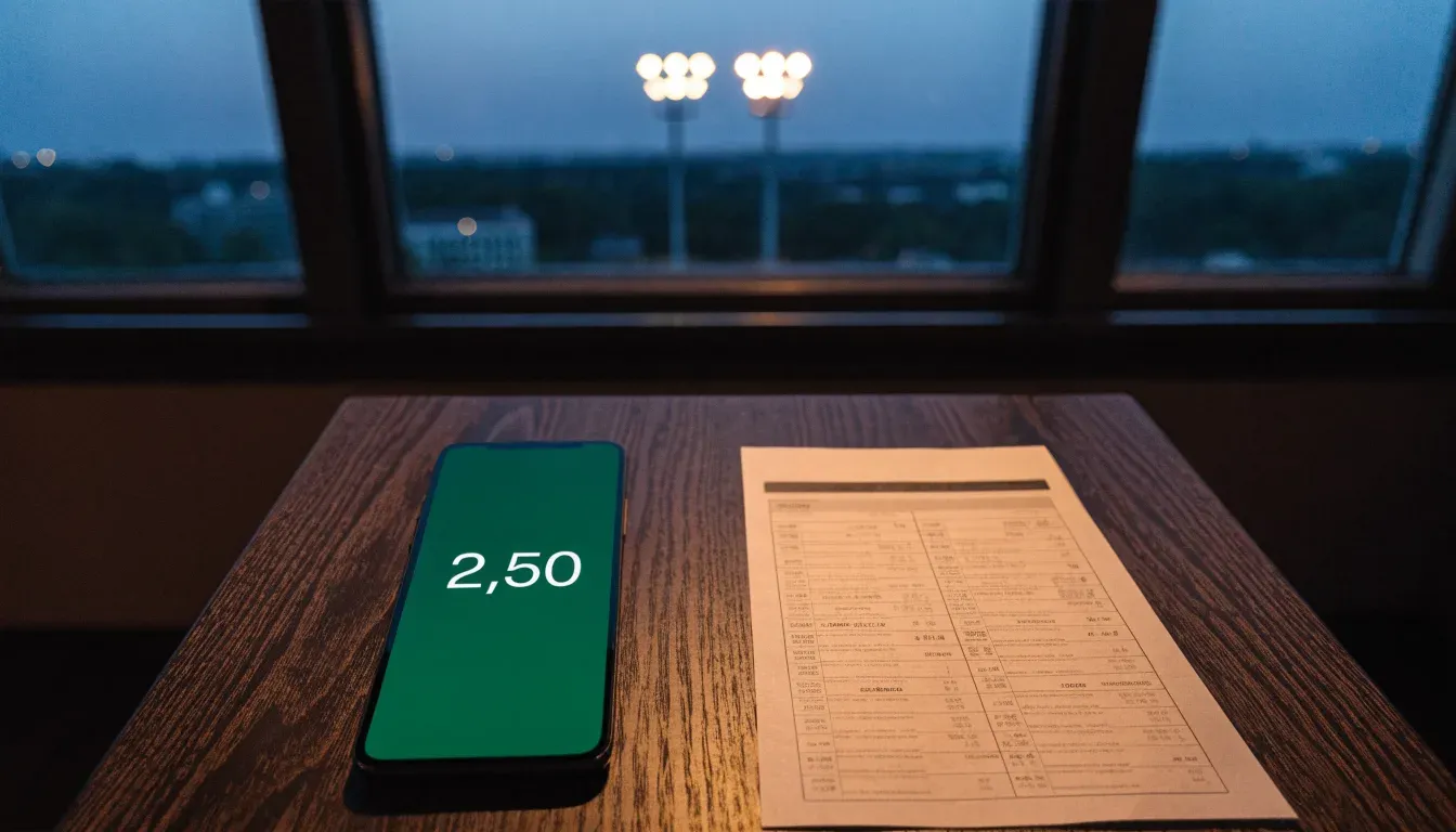Ein Flutlichtstadion bei Dämmerung aus weiter Ferne gesehen, die Lichtmasten leuchten über Dächern und Bäumen.