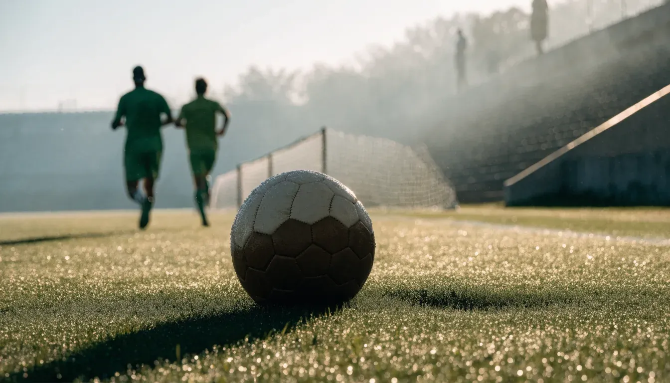 Ein Fußball liegt auf einem Rasenplatz im Morgenlicht, im Hintergrund eine ruhige Tribüne ohne Zuschauer.