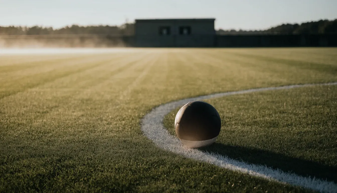 Ein Fußball liegt auf dem Elfmeterpunkt eines leeren Rasenplatzes im Morgenlicht, dahinter eine ruhige Tribüne ohne Zuschauer.