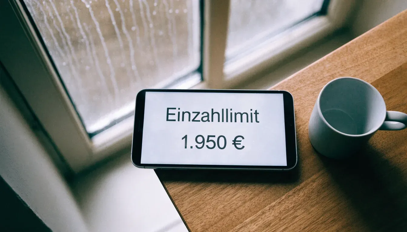 Ein Smartphone mit dunklem Display liegt neben einer Kaffeetasse auf einem Holztisch am Fenster, draußen fällt Regen.