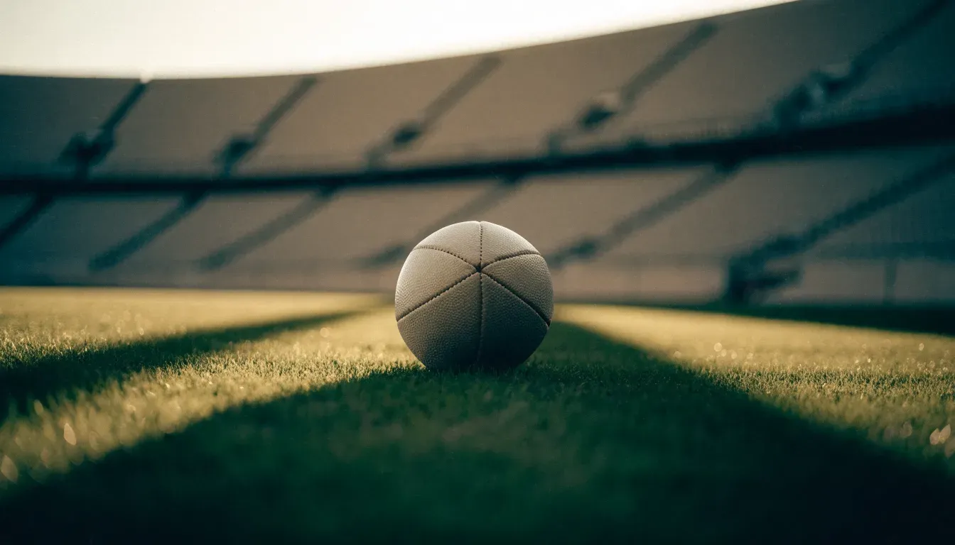 Ein Fußball liegt auf einem Rasen im Licht der tief stehenden Sonne, dahinter leere Sitzreihen.