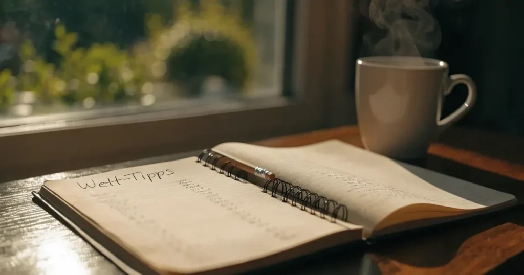 Ein Notizbuch mit handschriftlichen Notizen liegt neben einem Bleistift und einer Tasse Tee auf einem Schreibtisch am Fenster.