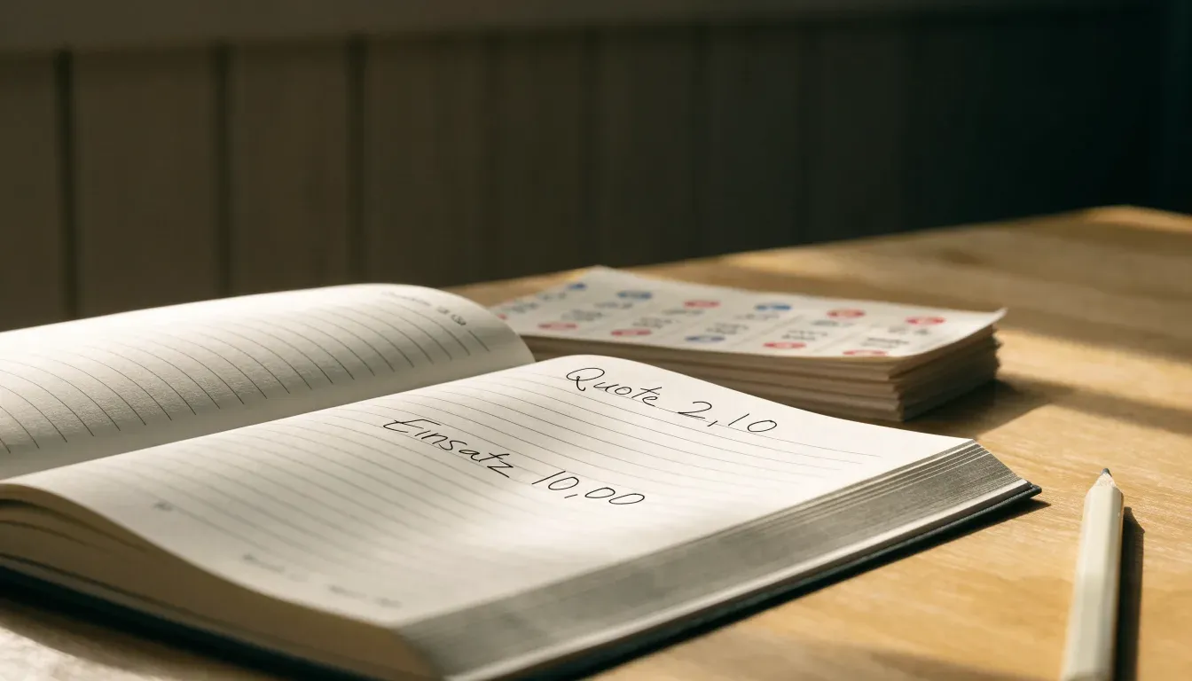 Ein aufgeschlagenes Notizbuch mit handschriftlichen Notizen liegt neben einem Bleistift auf einem hellen Holztisch.