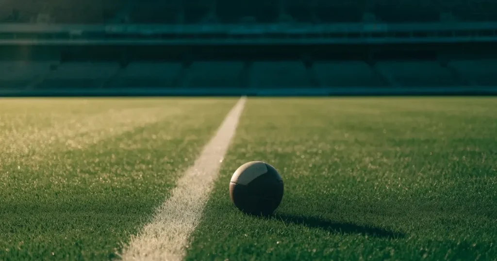 Ein Fußball liegt auf einem Rasenplatz im Morgenlicht, die Kreidelinie verläuft scharf durchs Bild, dahinter eine leere Tribüne.