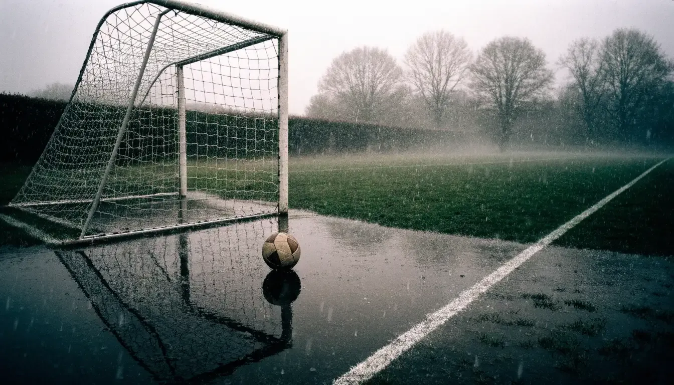 Ein Fußballtor mit Netz auf einem Trainingsplatz bei Regen, Pfützen stehen auf dem Rasen, niemand ist zu sehen.