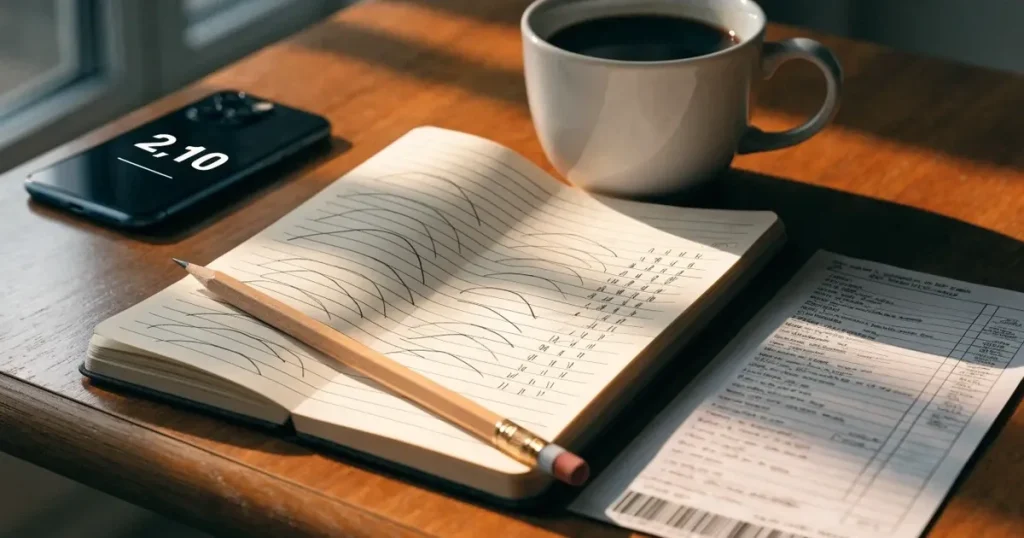 Ein Blatt Papier mit handgezeichneten Kurven und Bleistiftstrichen liegt auf einem Schreibtisch neben einer Tasse.