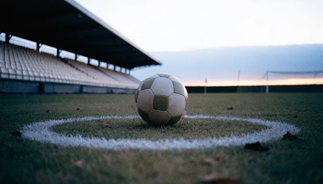 Ein Fußball liegt auf dem Elfmeterpunkt eines leeren Rasenplatzes im Abendlicht, dahinter eine ruhige Tribüne ohne Zuschauer.