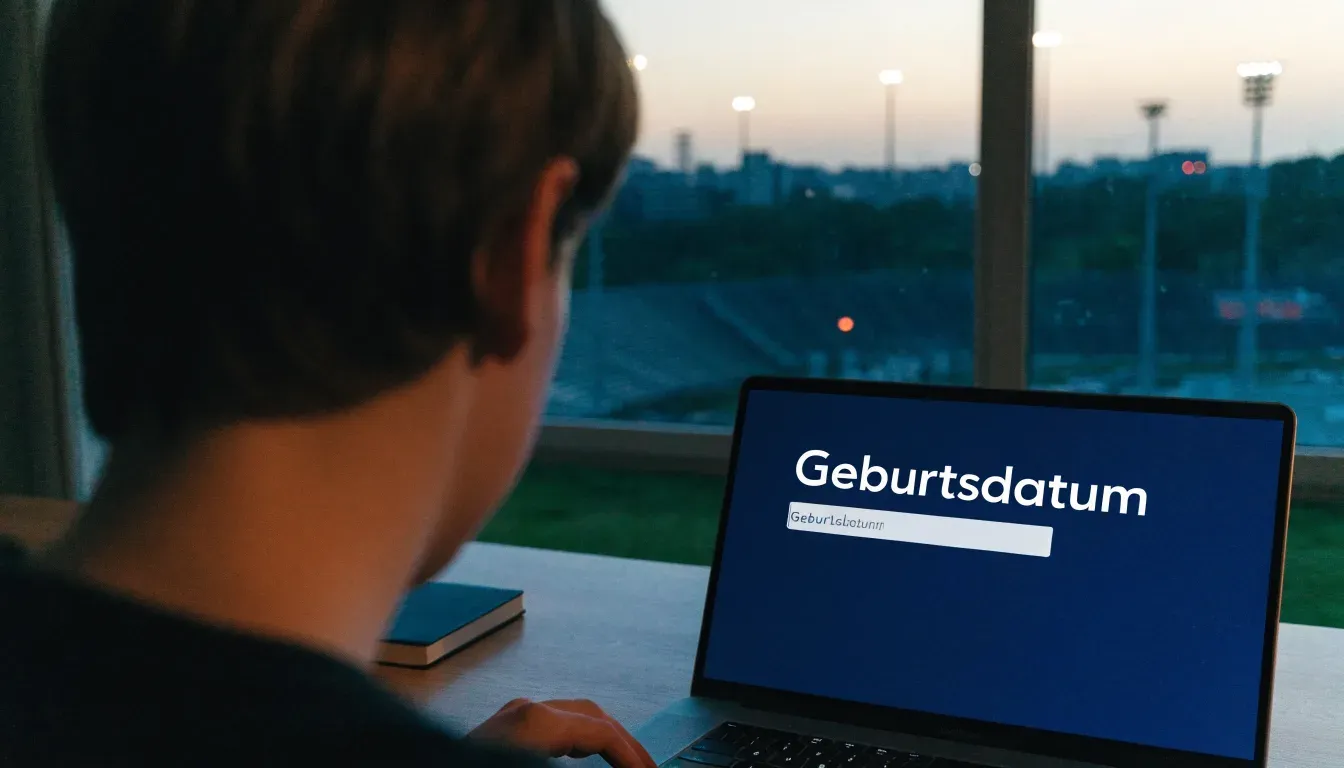 Ein Flutlichtstadion bei Dämmerung aus weiter Ferne gesehen, die Lichtmasten leuchten über Dächern und Bäumen.