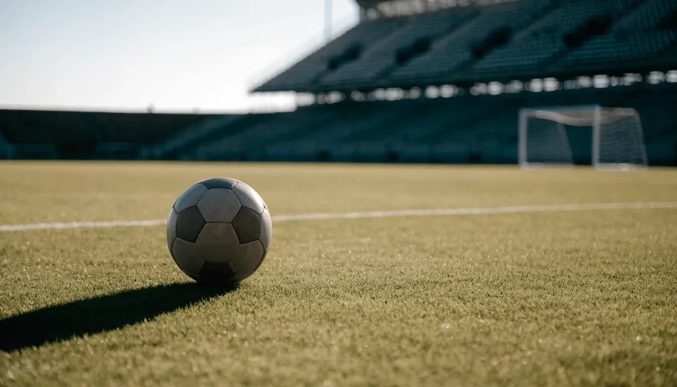 Ein Fußball liegt auf einem Rasenplatz im Morgenlicht, dahinter eine ruhige Tribüne ohne Zuschauer.