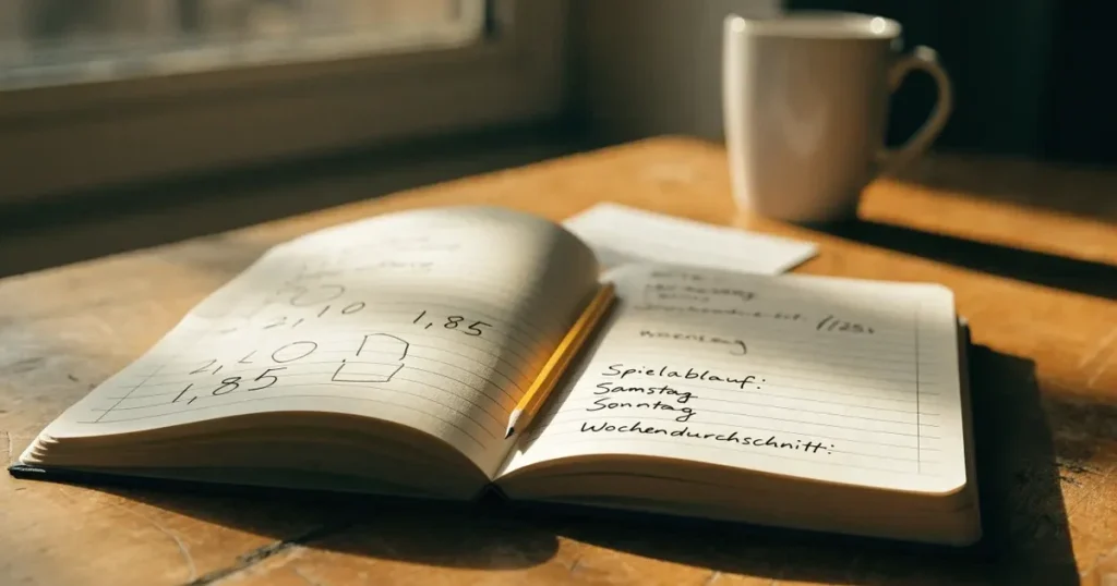 Ein Notizbuch mit handschriftlichen Notizen und einfachen Skizzen liegt neben einem Bleistift auf einem Holztisch.