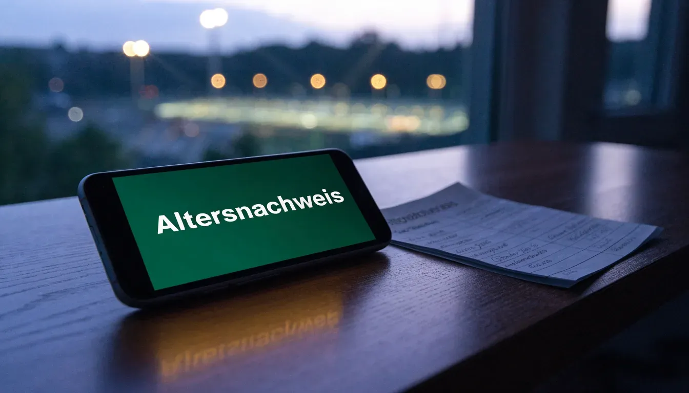 Ein Flutlichtstadion bei Dämmerung aus weiter Ferne gesehen, die Lichtmasten leuchten über Dächern und Bäumen.