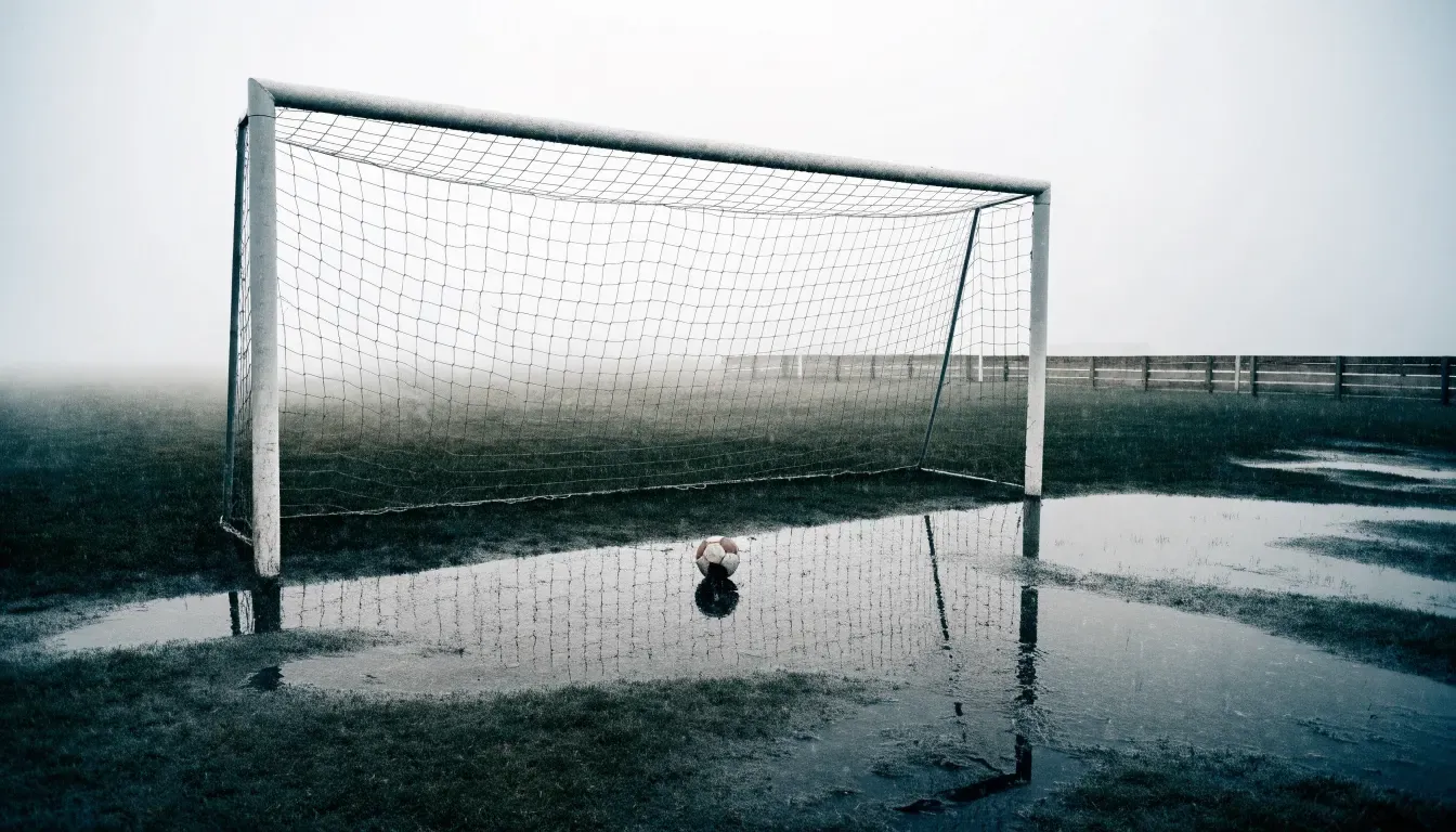 Ein Fußballtor mit Netz auf einem Trainingsplatz bei Regen, Pfützen stehen auf dem Rasen, niemand ist zu sehen.